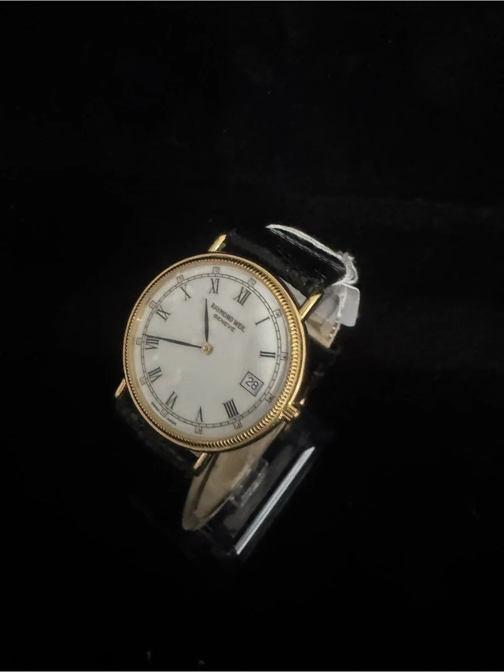 #137 Raymond Weil Gold Case White Dial Watch with Black Leather Strap